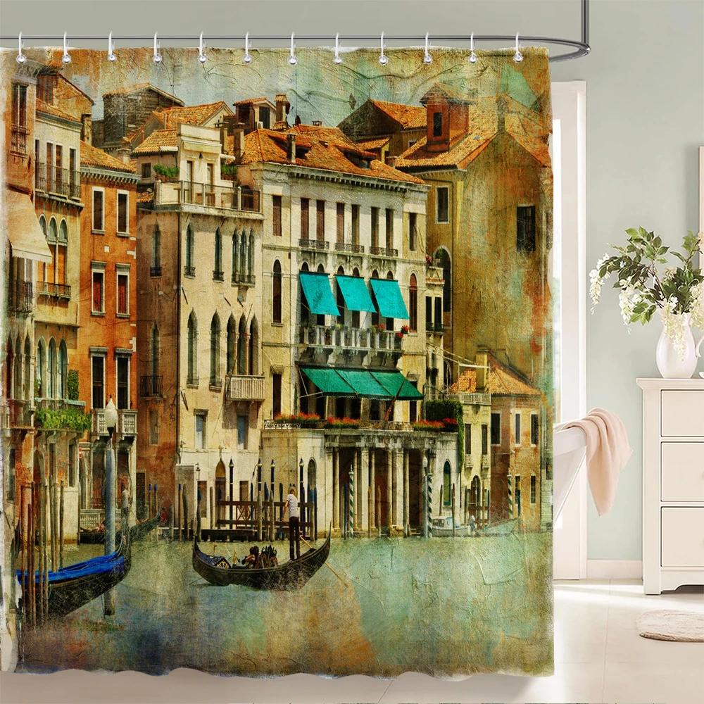 

3D European-Style Town Street Landscape Printing Bathroom Waterproof Shower Curtain Polyester Curtain Home Decoration Curtains W160H180(CM)-1 Pcs