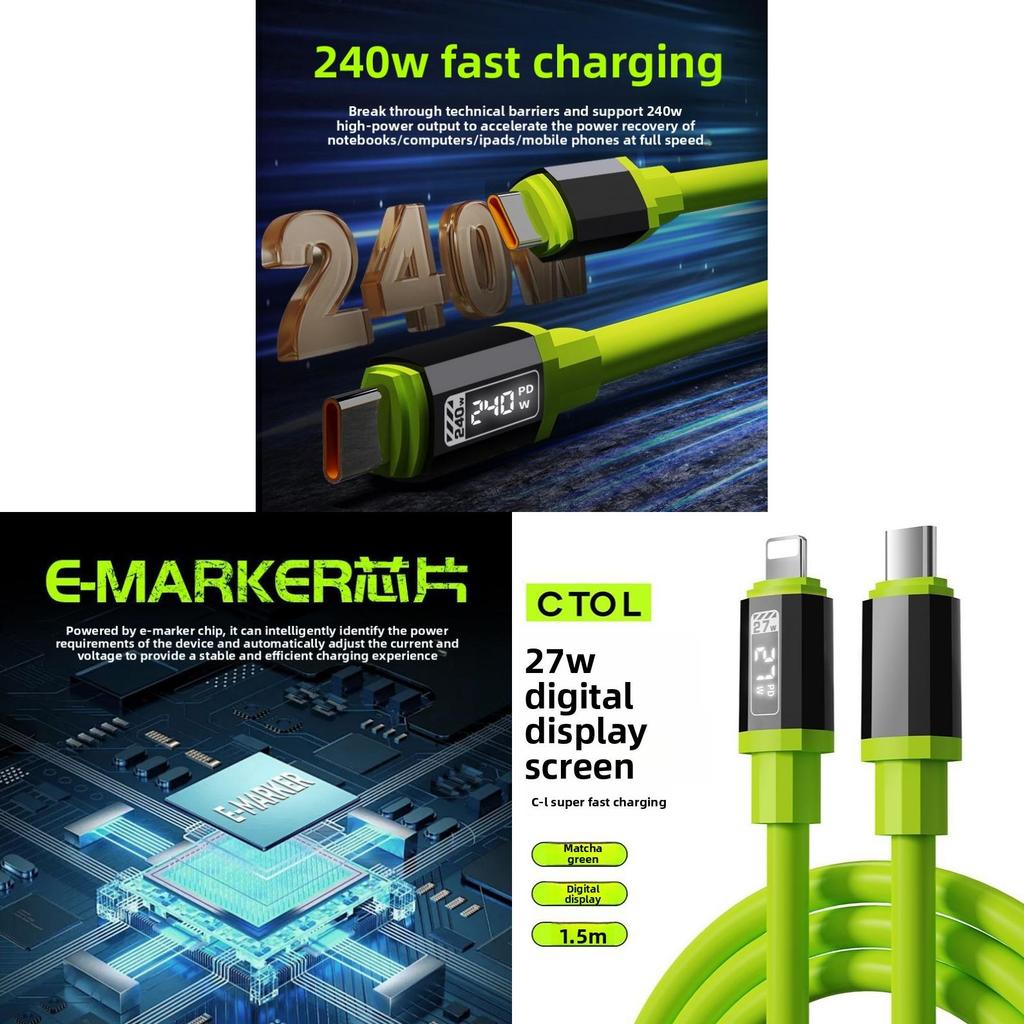 240w Fast Charging Silicone Data Cable With Visible Power Display For Apple Huawei Xiaomi Devices