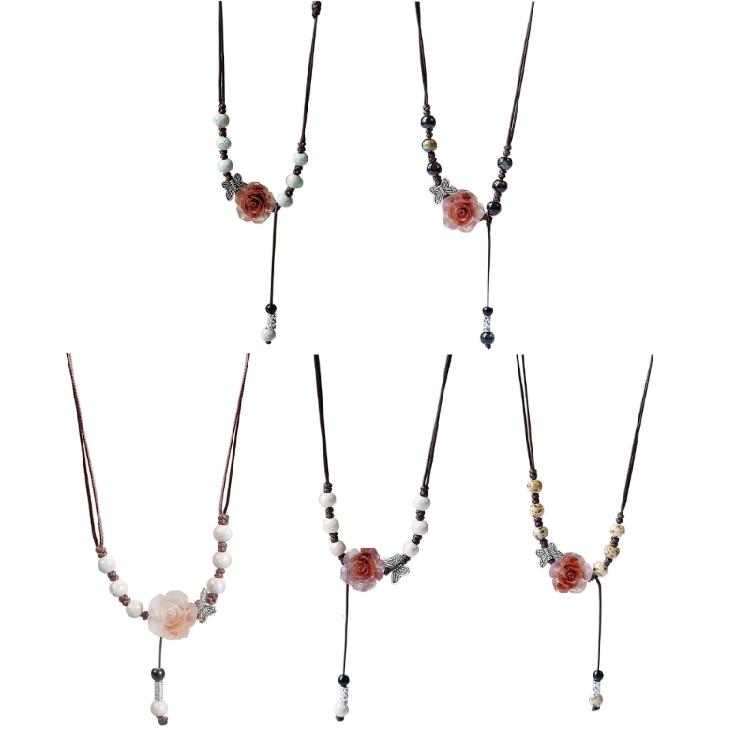 Retro Style Chinese Butterfly Clavicle Chain Adjustable Beaded Collar Chain Fashion Camellia Flower Ceramic Necklace