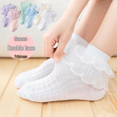 Girls' Lace Dance Socks, Pure Cotton - White, Thin, Toddler/Child, for Spring & Autumn
