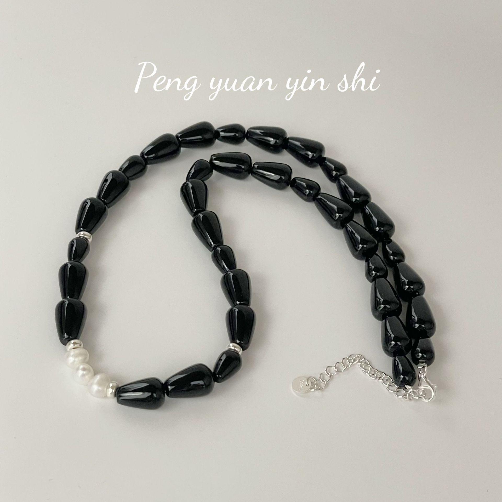 Su Chuang S925 Sterling Silver Black Irregular Beaded Water Drop Necklace - Women s Minimalist Light Luxury Retro Choker. 925 Sterling Silver