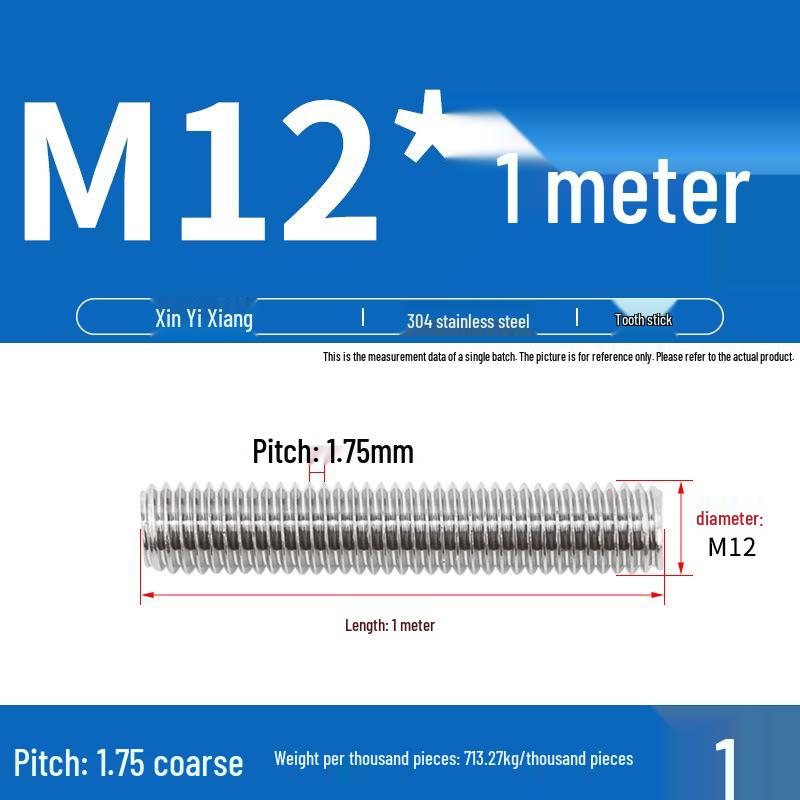 304 Stainless Steel Full Threaded Rod, 1 Meter, available in sizes M3, M6, M8, M10, M12.