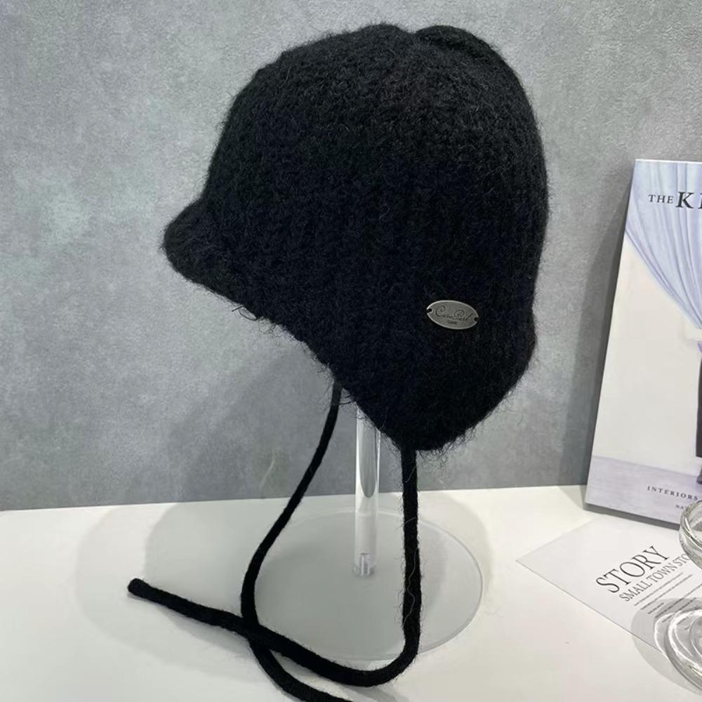 Rabbit Fur Earflap Hat Solid Color Beanie Hat Casual Knit Cap  Winter