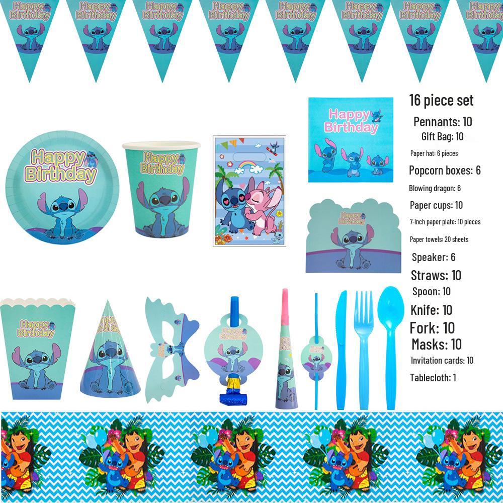 

Набор праздничной посуды «Лило и Стич»: Вымпел со стежками, Воздушные шары, Тарелки для дней рождения