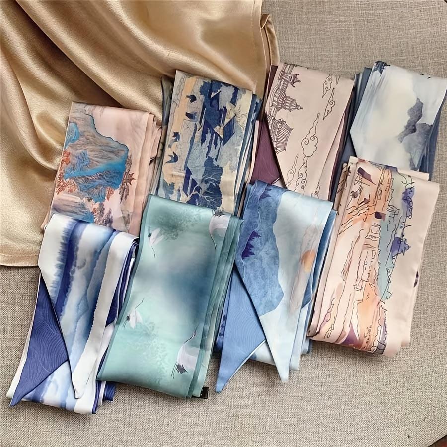 8Pcs Landscape Print Scarves - Lightweight Polyester Scarves, Handkerchiefs, And Headbands, Suitable For Daily Wear, Beach Vacations, Office And 8Pcs Landscape Paintings