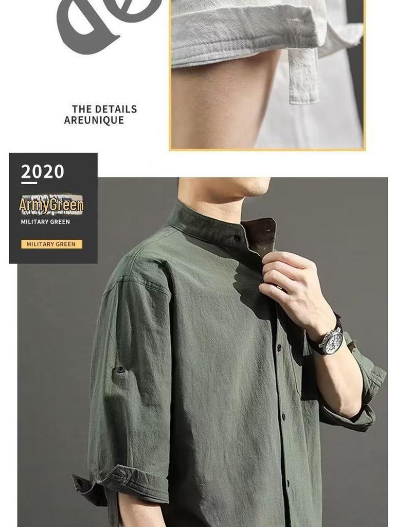2024 Men's Japanese-Style Casual Stand Collar Shirt - Three-Quarter Sleeve, Loose Fit, Cotton & Linen