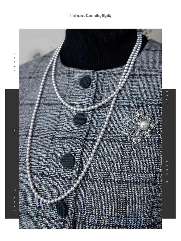 2024 Women's Gray Plaid Two-Piece Suit – Korean Style Formal Jacket & Skirt for Early Autumn