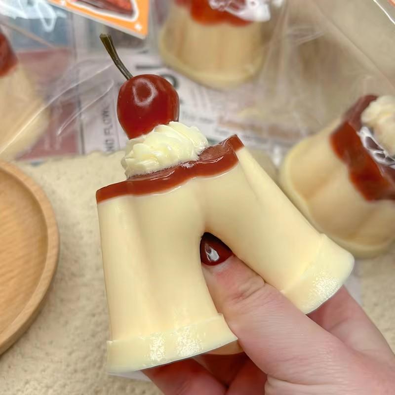 Squishy Imitation Caramel Pink Pudding Dessert Cake Squeeze Toy Cherry Pudding Soft Rubber Elastic Jelly Toy Girl Gift Kids Toys