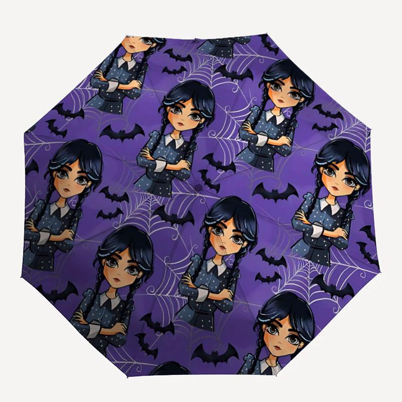 

1pc Wednesday Addams Automatic Folding Umbrella, Durable Plastic & Iron, Lightweight for Outdoor Daily Use 017