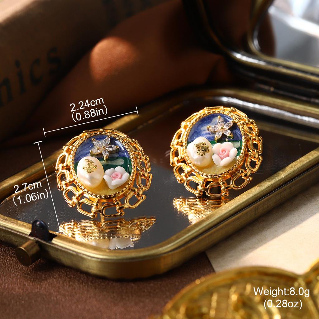 Court style High flower Oil painting style French retro sweet fashion Baroque pearl temperament Niche stud earrings female