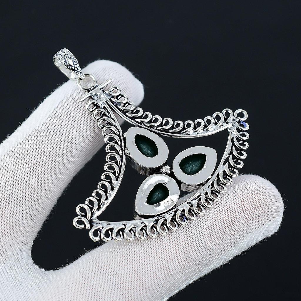 Smaragd Edelstein Top Qualität Edelstein Handgefertigter Anhänger 925 Sterling Silber Anhänger, Antik Silber Anhänger, Drei Stein Anhänger für Geschenke