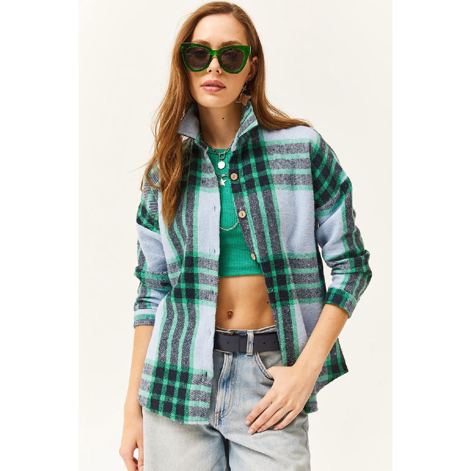

Women s Baby Blue Green Plaid Lumberjack Shirt S