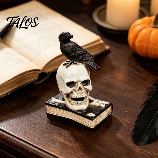 Vintage Style Skull Statue Mystical Raven on Statue, Gothic Crow Perching Figurine Decor with Book, Spooky Halloween Resin Sculpture for Desk