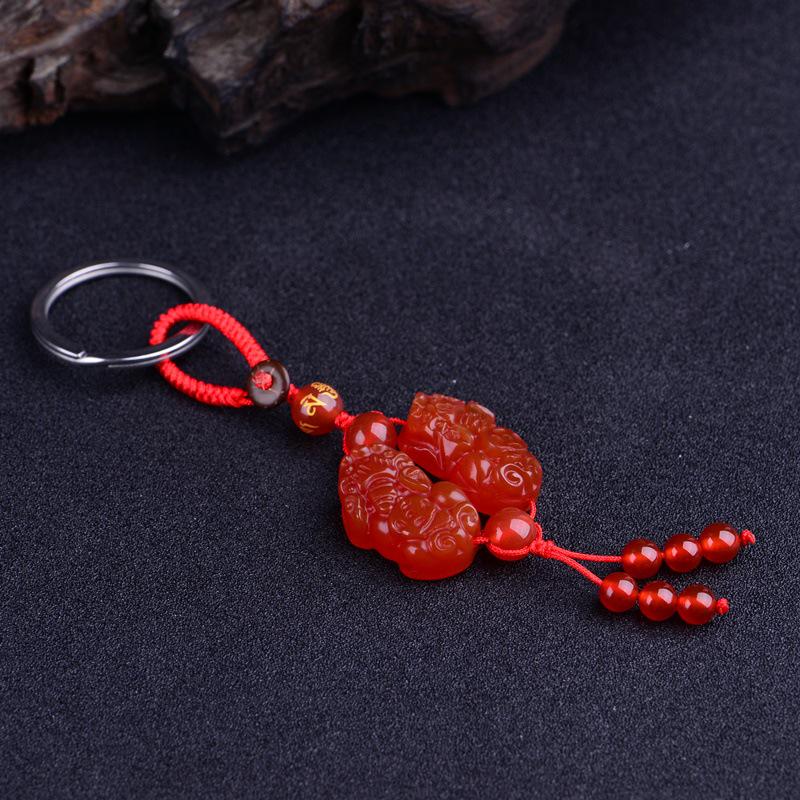 Natural Red Agate Pixiu Couple Keychain - Double Pixiu Design for Car Keys No