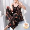 Cotton silk suspender trousers pajamas two-piece set with chest pad book artificial cotton women's suit summer solid color loungewear