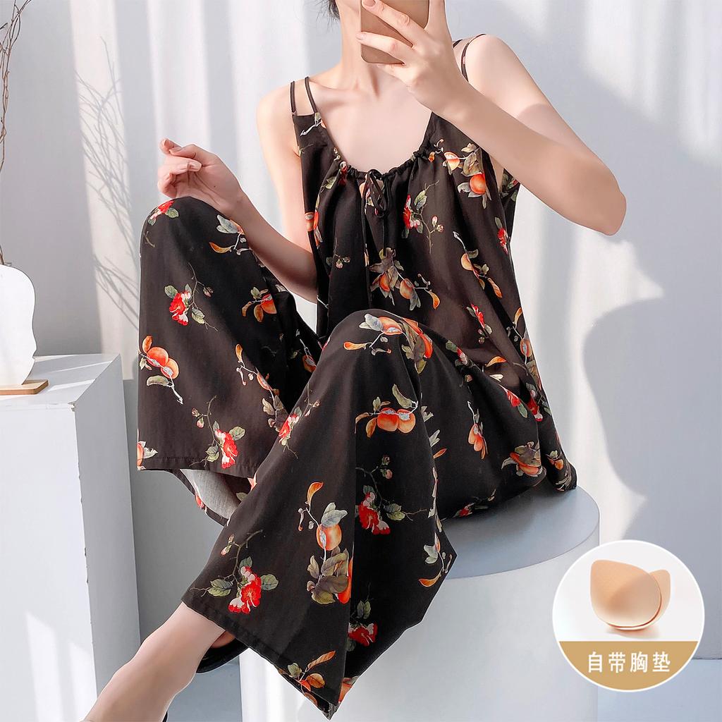 Cotton silk suspender trousers pajamas two-piece set with chest pad book artificial cotton women's suit summer solid color loungewear