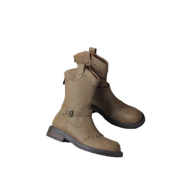 Boots Short Boots Generous British West Flat Bottom Knight Belt Buckle Fashion Rivets Simple Female Martin Boots Retro