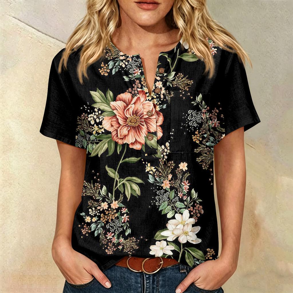 Damen Kurzarm Hemd aus Baumwolle und Leinen mit Modischem Print Henley Knopfleiste und Brusttasche für Freizeitkleidung