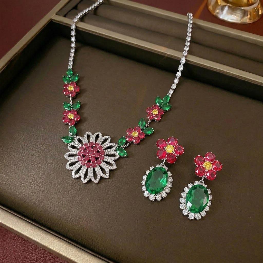 European Trend Zircon Flower Necklace & Earrings Set