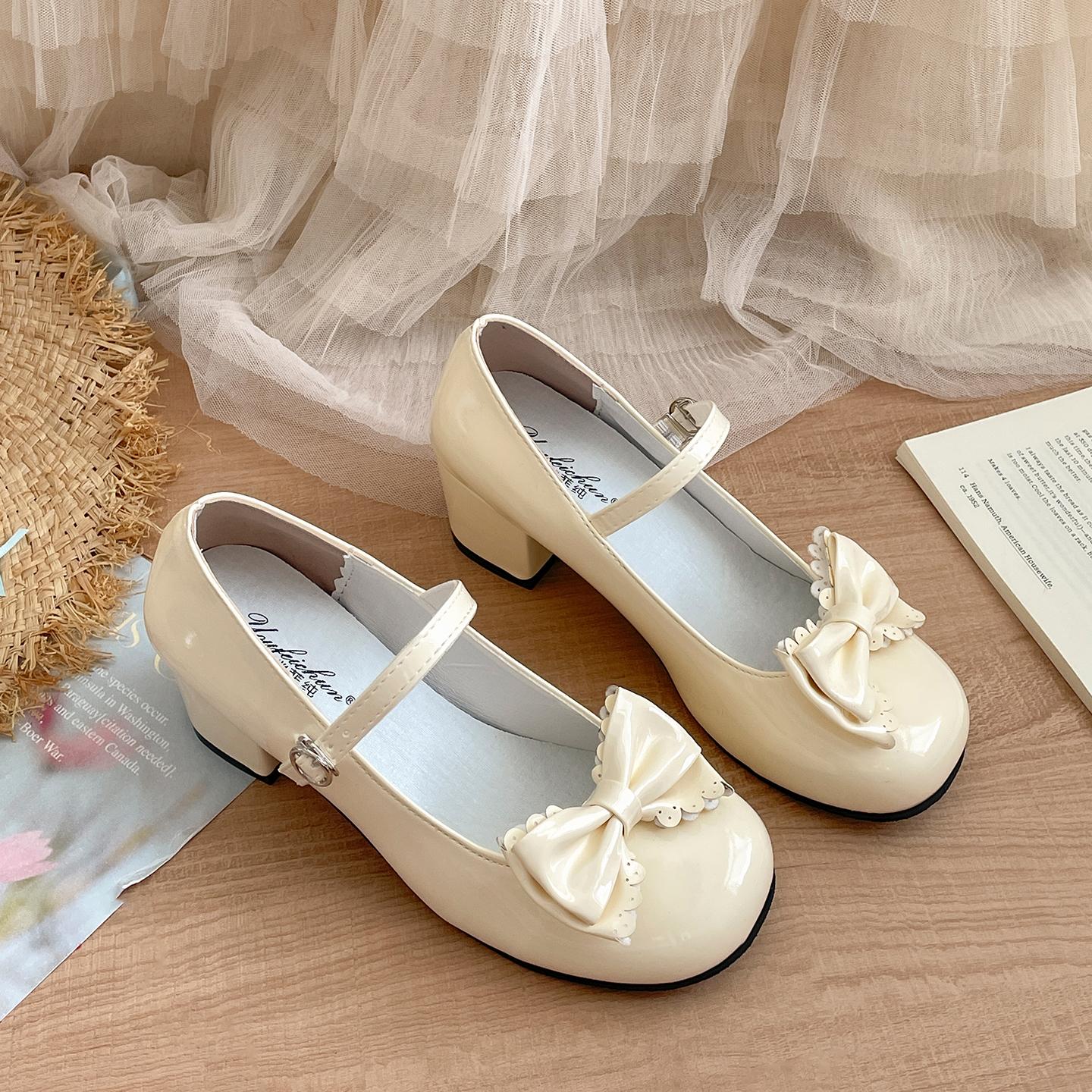 

Fashion Cute Butterfly-knot Women Lolita Mary Jane Shoes Concise Thick Heel Leather Shoes Ladies Shallow Pumps 35 жёлтый