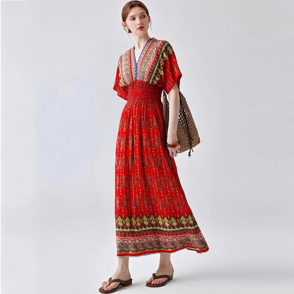 Bohemian-Style Cotton-Silk V-Neck Batwing Print Dress Summer Casual Vacation Beach Dress