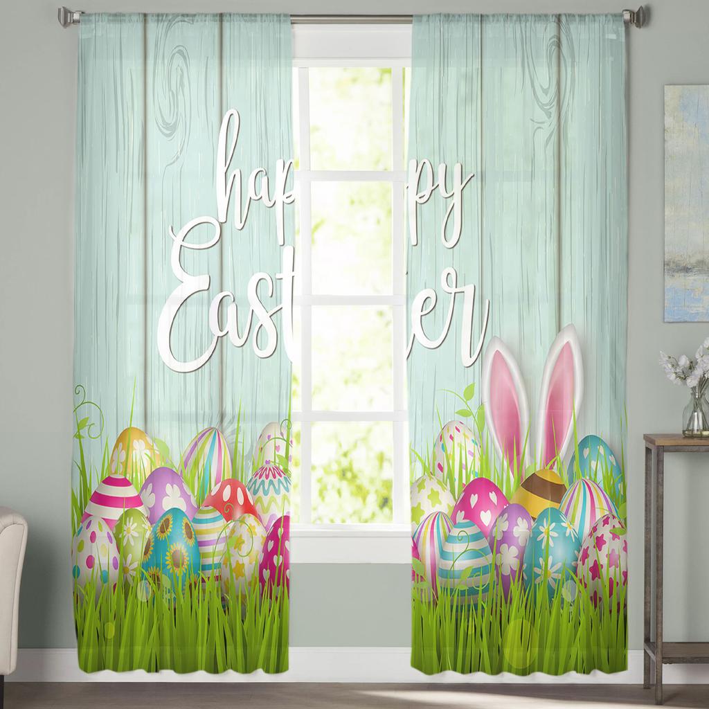 Easter Spring Colored Egg Bunny Sheer Tulle Window Curtains For Living Room Bedroom Kitchen Veiling Curtain Home Decoration