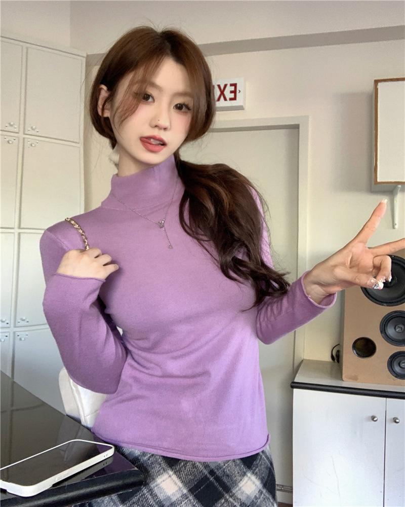 Sky blue sweet versatile bottoming shirt women's spring slim-fitting and thin semi-turtleneck long-sleeved top