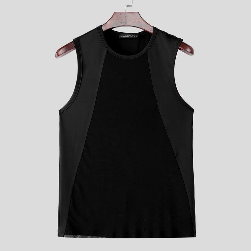 INCERUN Men Sleeveless Mesh Sheer Patchwork Casual Sport Fitted Tank Tops
