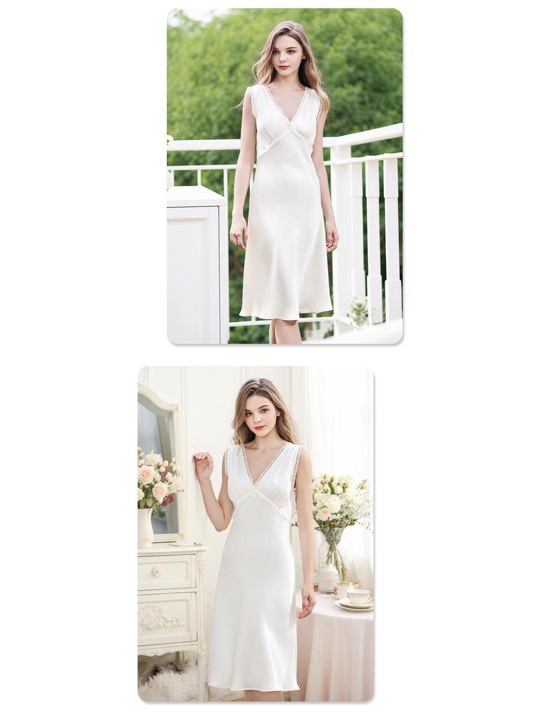 Luxurious Mulberry Silk French Nightgown - Women's V-Neck, Wide Shoulder Straps, Mid-Length