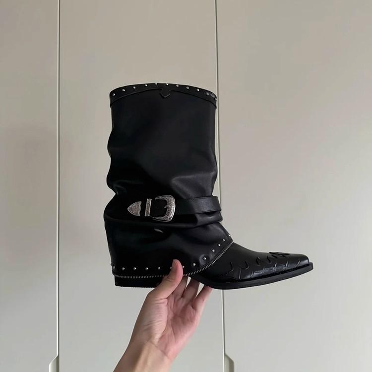 Cowhide version~ flame pattern design knight boots 2025 pointed thick heel Martin boots rivet chain design stacking boots