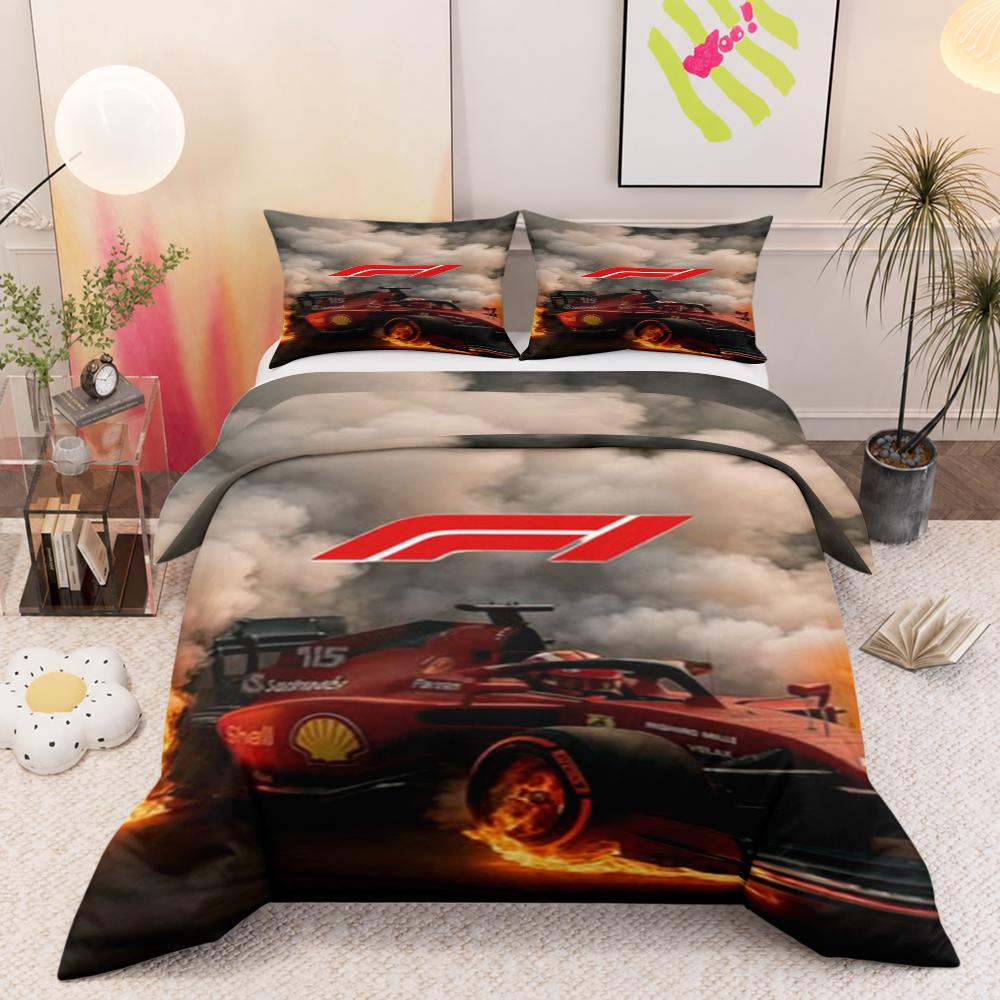 Duvet Cover Pillowcase Bedding Set F1 Ferrari Car Fire Smoke Burnout Racing Kids Room Decor