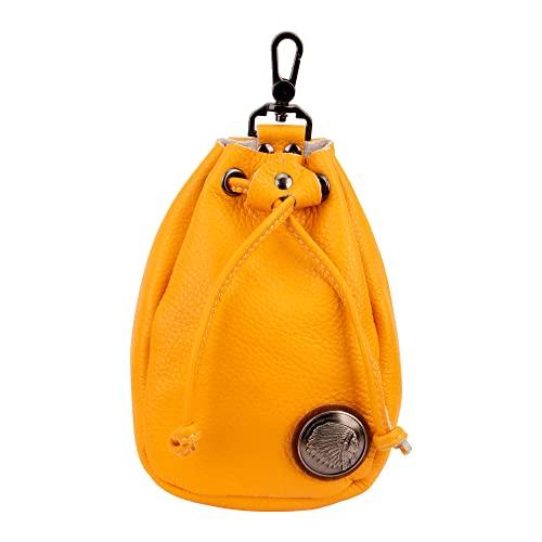 Whatna Natural Thick Cowhide Leather Coin Purse for Men and Women, 2-Way Drawstring Bag, Mini Sacoche Bag, Carabiner Pouch, Belt Loop, Mini Waist Bag,