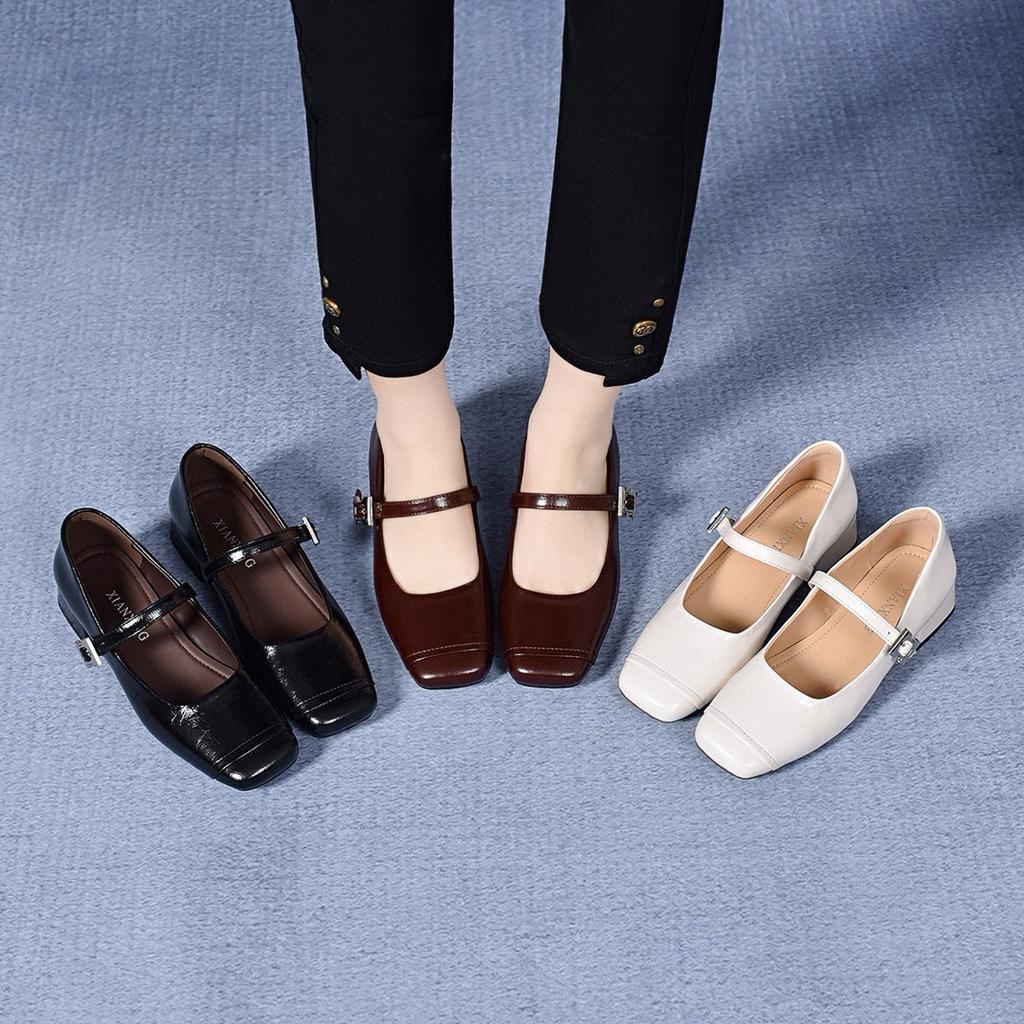 Square head Mary Jane shoes women's 2025 spring Korean version shallow mouth one pedal single shoes flat shoes buckle loafers fairy shoes