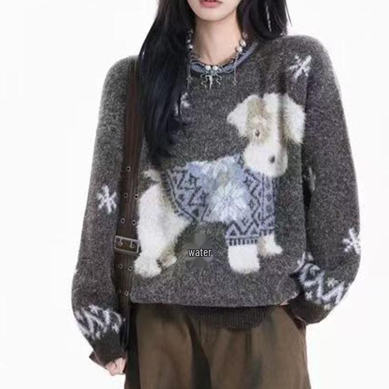 Unisex Retro Cartoon Embroidered Thick Fair Isle Sweater for 2026 - Puppy Mink Jacquard Design