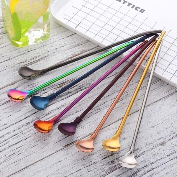 Reusable Bar Tea Party Drinking Straw Bent Filter 2 In 1 Stainless Steel Coffee Spoon