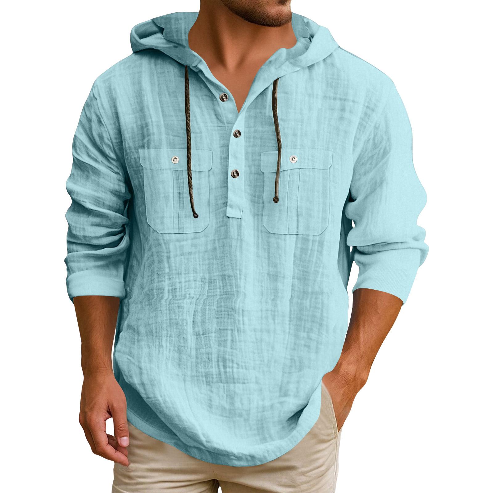 

Мужская футболка с капюшоном однотонная хлопково-льняная мужская повседневная с длинным рукавом XL