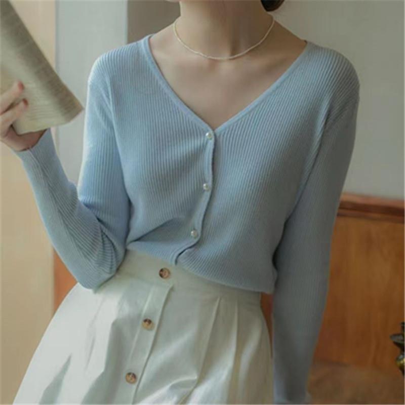 Vintage knitted cardigan top women's autumn and winter solid color pearl buckle loose sweater jacket commuter style