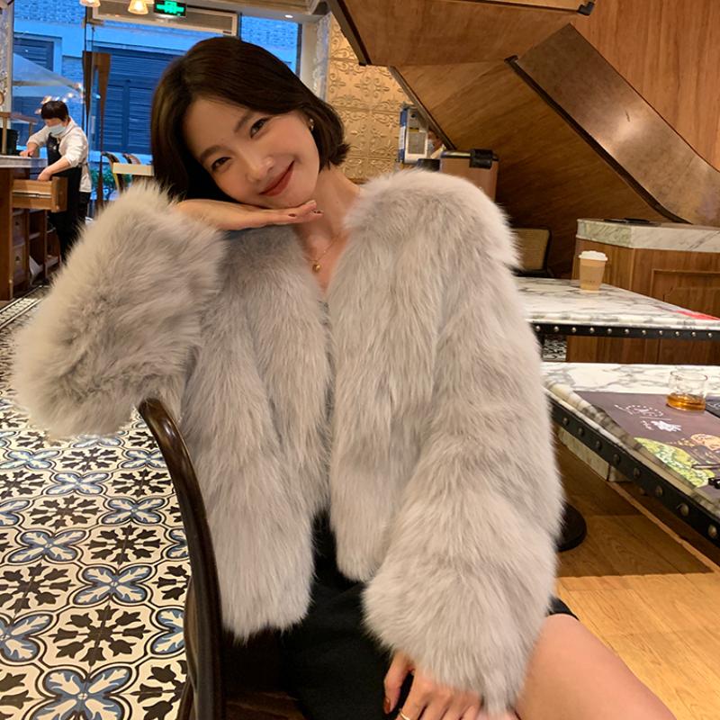 Winter New Elegant Long Sleeve Fox Fur Jackets Women Fashion Vintage Slim Plush Warm Casual Coats Women Solid Loose Office Ladies Jacket Tops 25879