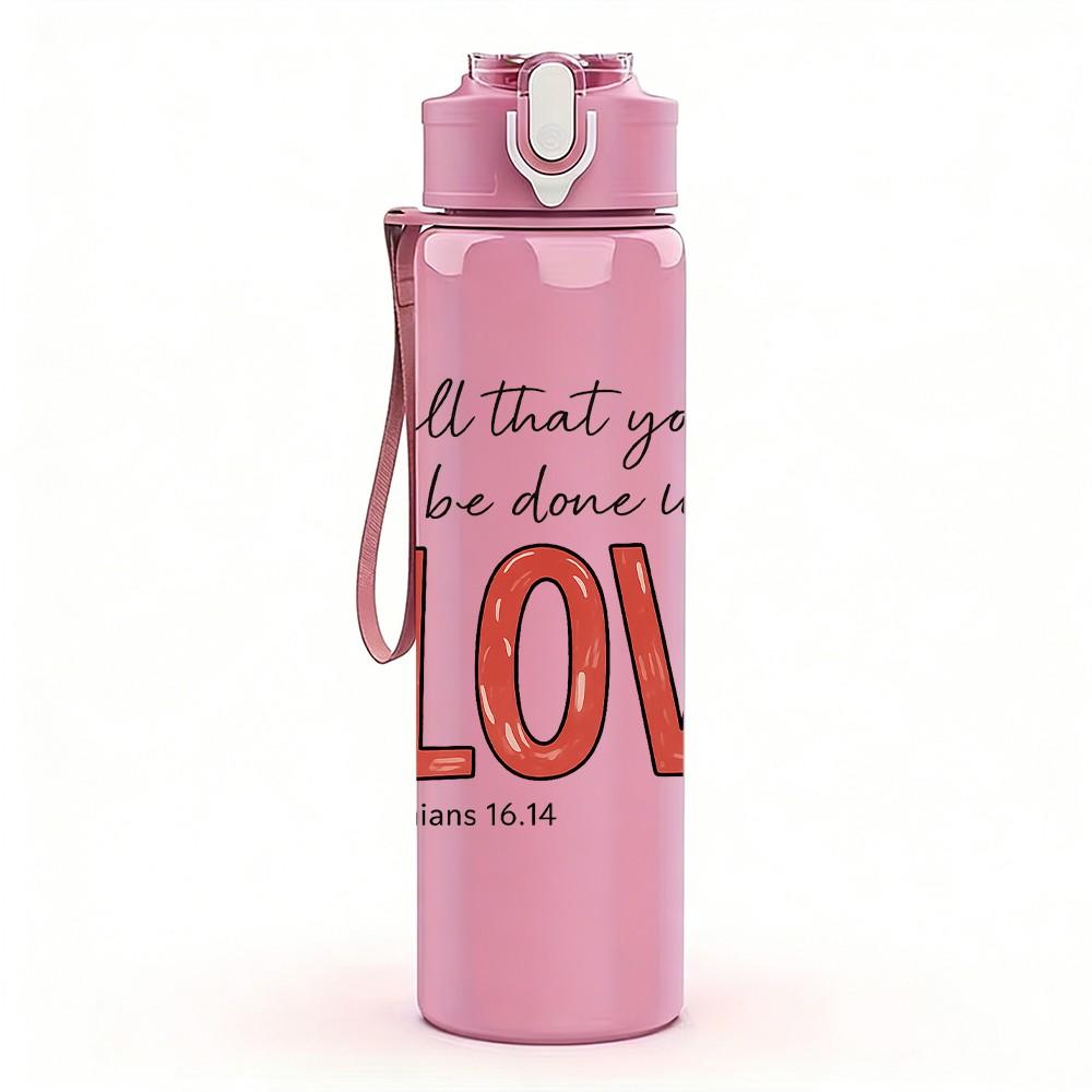 1PC V Love Quote Floral Letter 750ml Color Plastic Sports Water Bottle Leakproof Flip Straw Lid Suitable for Sports Office Home Use
