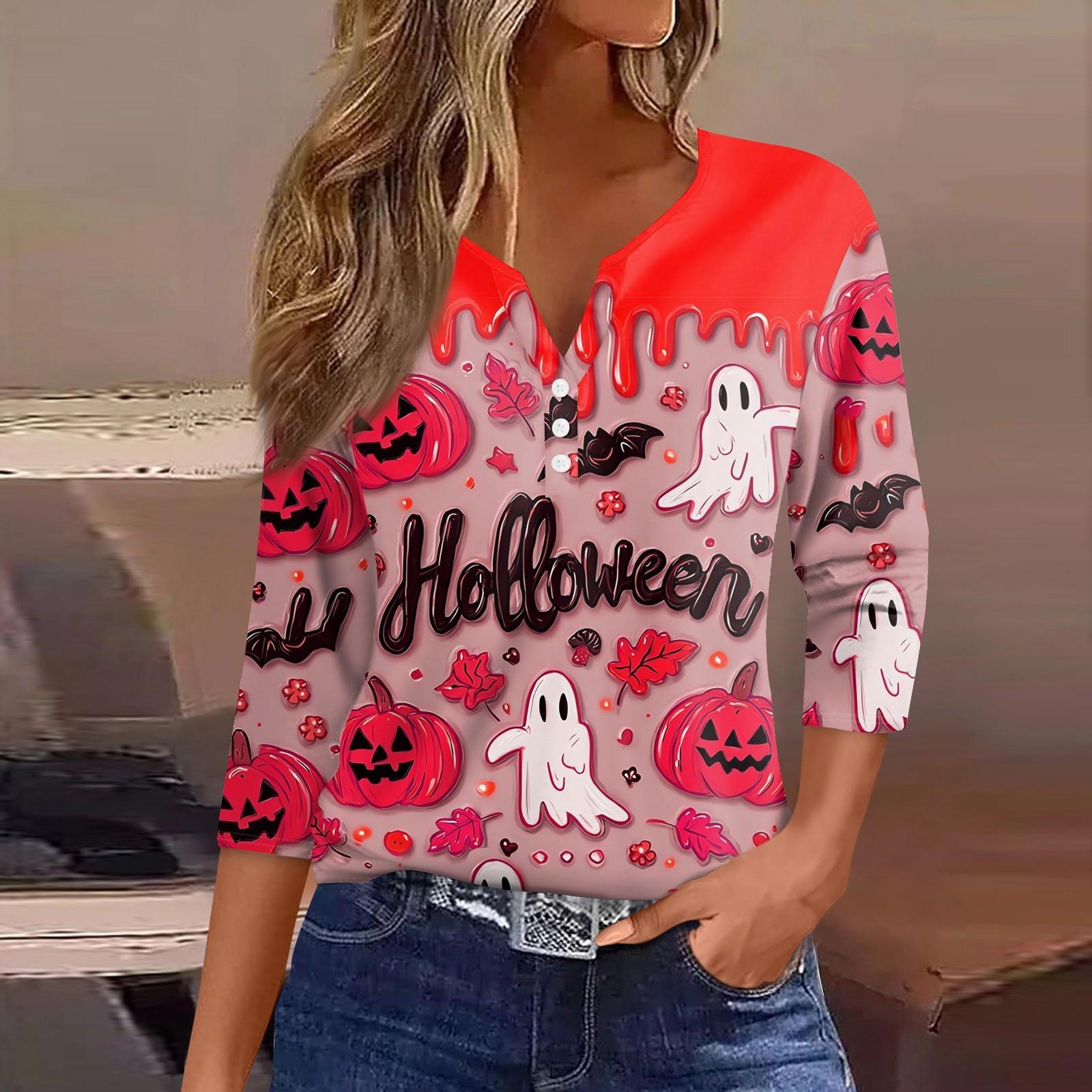 

Женская футболка с принтом на Хэллоуин, на пуговицах, рукав 3/4, повседневная мода на выходные, базовый топ с V-образным вырезом L киноварь