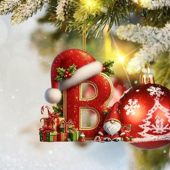 Red Initials Christmas Ornaments 2D Acrylic Personalized Gnomes Monogram Pendant with Santa Hat 26 Letters Christmas Tree Hanging Decoration for Xmas