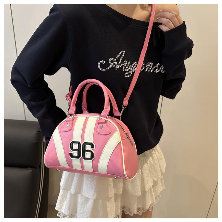 New Japanese Style Faux Leather Boston Bag for Women, Trendy Handheld Shoulder Crossbody Purse, Racing Style Bowling Handbag CLE