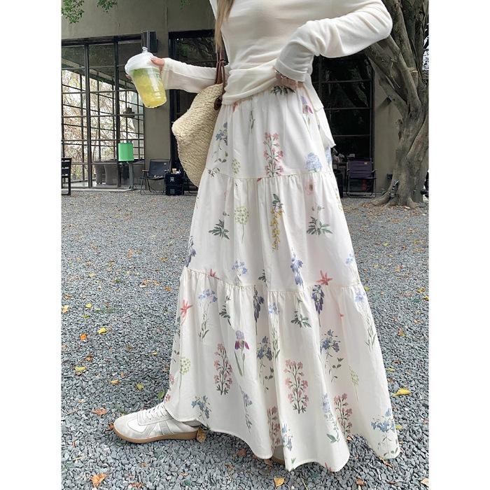 High waist drooping floral skirt women's spring and summer new sweet long a-shaped skirt small long skirt