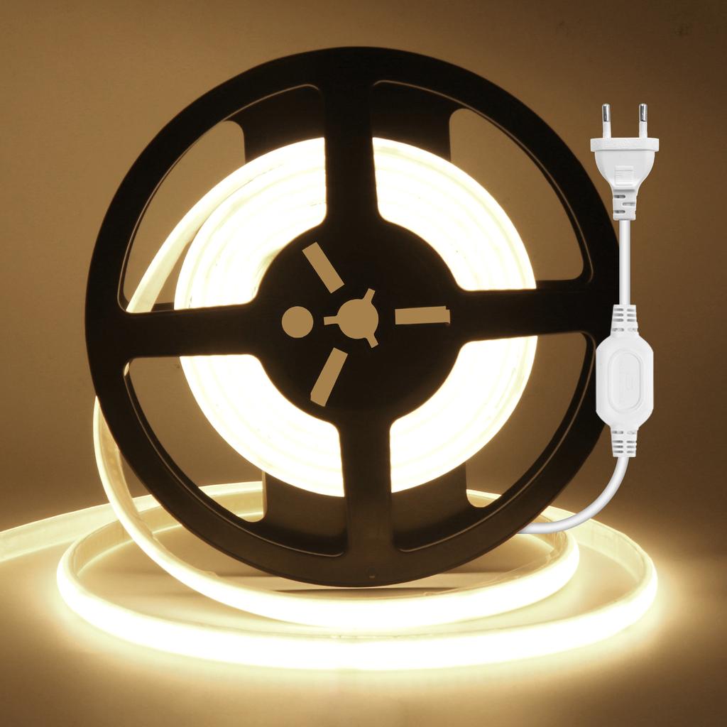 220V Dimmable COB LED Neon Strip Light Waterproof Outdoor Flexible Tape RA90 240LEDs/M with Switch Dimmer Plug