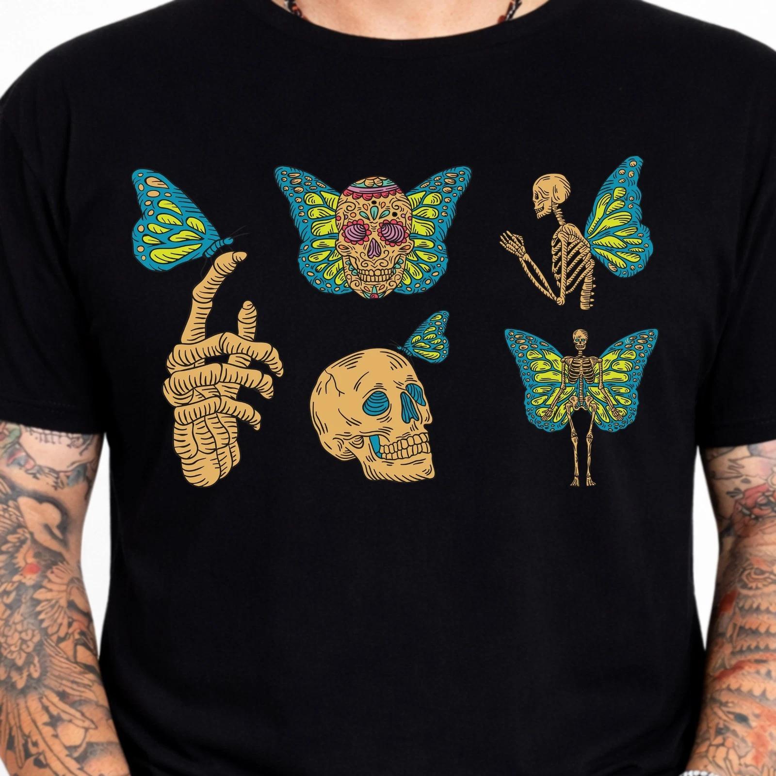 Skull Butterfly T-Shirt Skeleton Goth Tattoo Style Gothic Dark Art Graphic Tee. 4XL