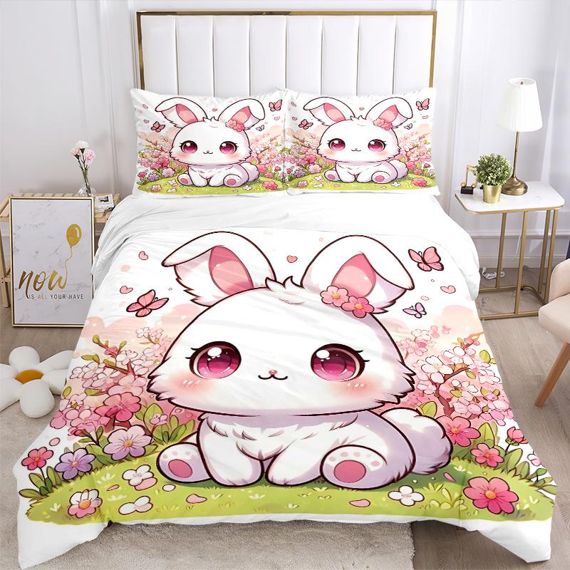 3pcs Sweet White Rabbit Bedding Set, Including 1 Quilt Cover and 2 Pillow Shams, Without Filling, Soft and Comfortable Home Bedroom Fabric,
