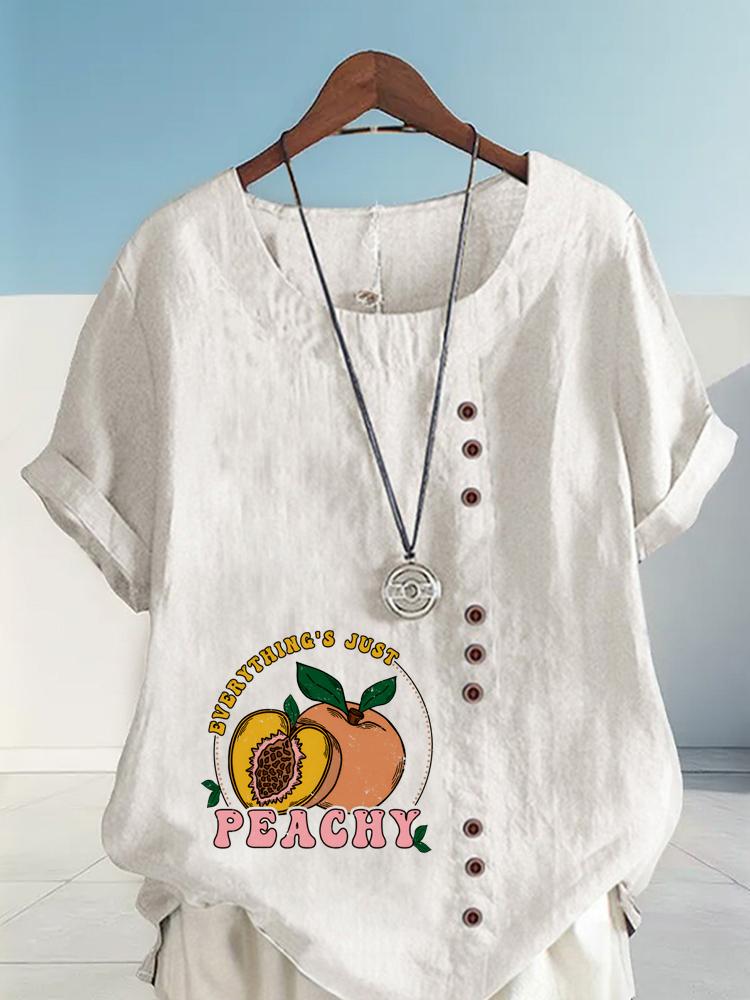 Women's Fashion Peach Letters Print Shot Sleeve T-shirt Loose Cotton Shirt Casual Loose Summer Blouse Tops Plus Size