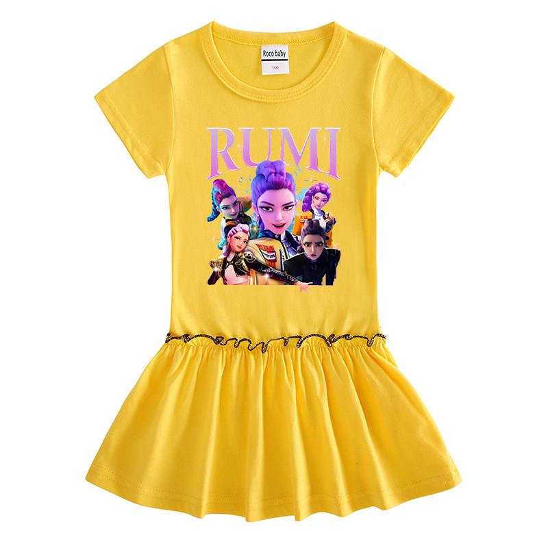 Girls Kpop Rumi Mira Zoey Hunters Print Raglan Sleeves Cotton Dress