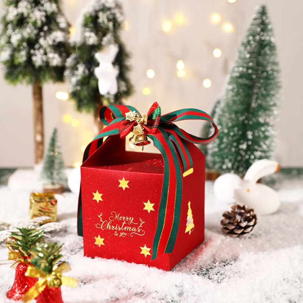 6PCS Square Christmas Candy Box with Bell and Ribbon Chocolate Box Christmas Gift Packing Box  Kids