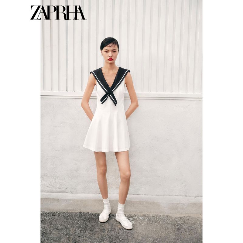 Zaprha 2025 Summer New Contrast Color Sweet Navy Style V-Shaped Neckline Sleeveless Short Dress 4661392